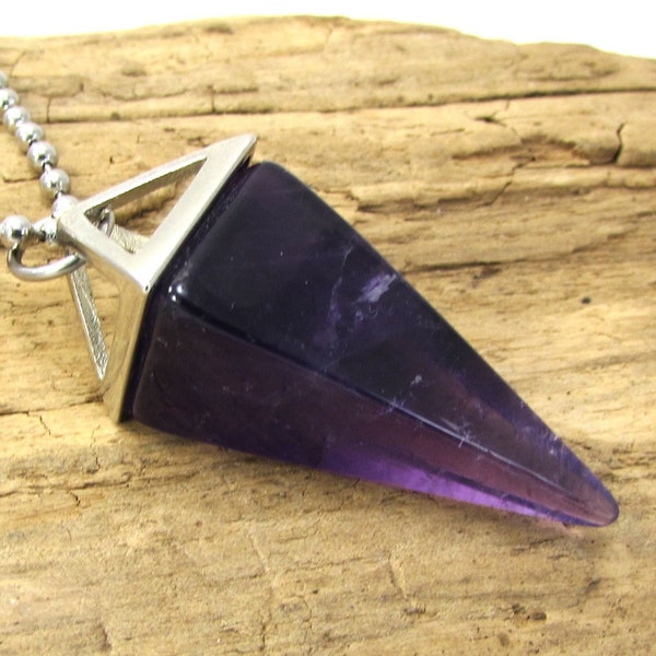 Amethyst Point Pendant Necklace, 42.5x15mm 4-Sided Point, Custom Length  2.4mm Stainless Steel Ball Chain Necklace, Item 2204n