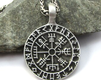 Collier boussole, pendentif rune 41 x 30 mm, chaîne queue de cheval 3,2 mm en argent vieilli personnalisée, 2382 n