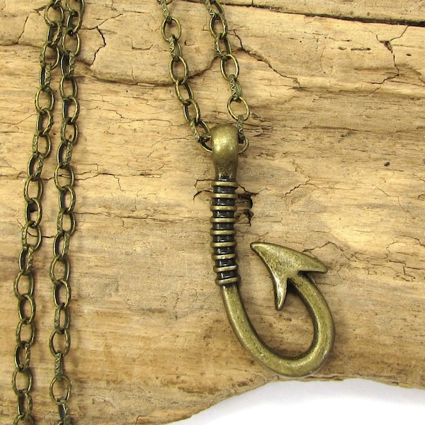 Fish Hook Necklace, 39x17mm 3D Fish Hook Pendant, Custom Length 3mm Textured Antique Brass Cable Chain, Item 2549n