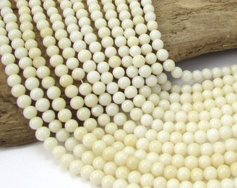 White Bamboo Coral Beads, 4-5mm Round Beads, 15" Inch Strand, Item 2112gsc