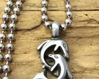 Dolphins Necklace, 33x21mm Dolphins Pendant, Custom Length 4.5mm Stainless Steel Ball Chain, Item 2406n