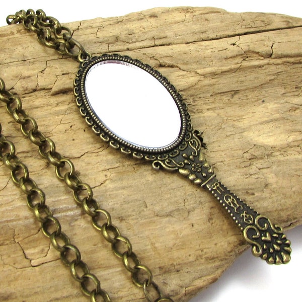 Hand Mirror Necklace, 70x26mm Antiqued Brass Miniature Hand Mirror Pendant, Custom Length 5mm Brass Rolo Chain Necklace, Item 2058n