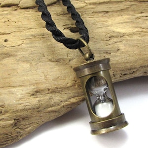 Hourglass Necklace, Miniature Antiqued Brass Hourglass Pendant, 3mm Smooth Twist Satin-Finished Nylon Necklace, Item 2073n