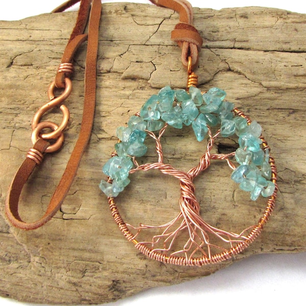 Tree of Life Necklace, 47mm Copper Tree of Life Pendant with Apatite Chips, Saddle Tan Deerskin Leather Cord Necklace, Item 1105J