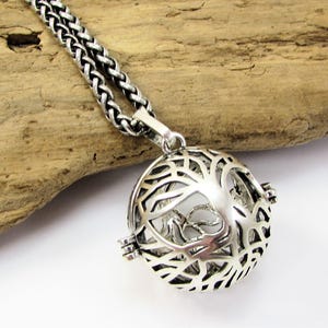 Tree of Life Cage Pendant Necklace, 26mm Bead Cage with Safety Latch, 3.2mm Antique Silver Ponytail Chain, Item 2278n