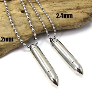 Bullet Urn Pendant Necklace, 48.5 x 10mm Stainless Steel Bullet Urn with Twist-Off Top, Stainless Steel Ball Chain Necklace, Item 2242n