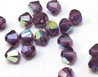 Swarovski Crystal 4mm Amethyst Bicones, 24 Amethyst AB Crystal Beads, Item 139B