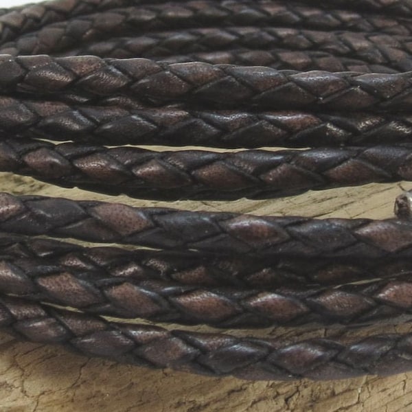 3mm Braided Leather Cord, 3mm Antique Brown Leather Cord, One (1) Yard Braided Leather Cord, Leather Necklace Cord, Item 914ct