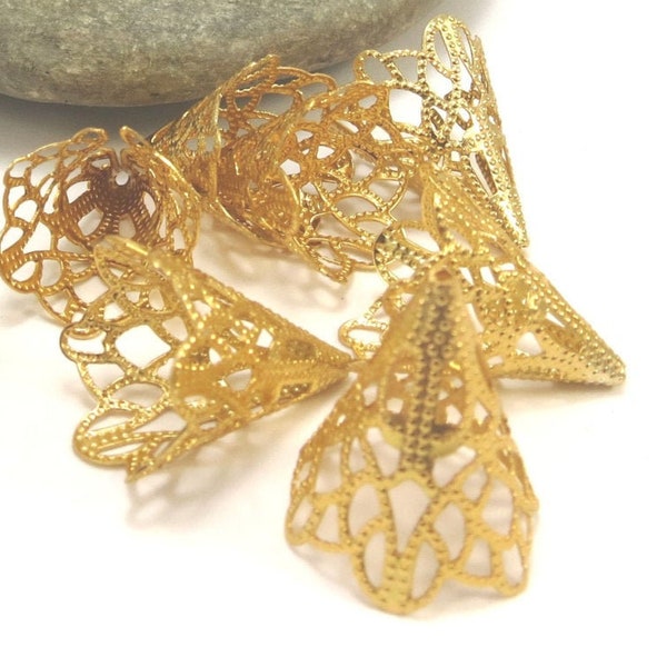 Bead Cones, 20x17mm Gold Filigree Cones, 24 Filigree Bead Cones, Bead Caps, Beading Supplies, Jewelry Supplies, Item 671m