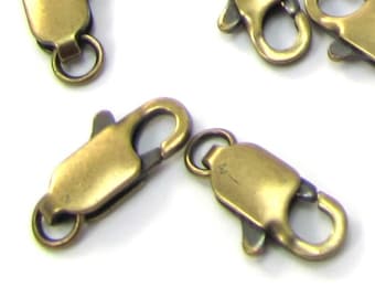 Lobster Clasps, Ten (10) 12x5mm Antique Gold Plated Brass Clasps, Item 2402m