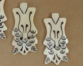 Carved Bone Pendants, Two (2) 65x33mm Bone Tribal Pendants, Item 480p
