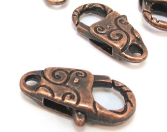 Lobster Claw Clasps, Double-Sided Swirl Design, Six (6) Antiqued Copper Finish Clasps, Jewelry Supplies, Item 757m