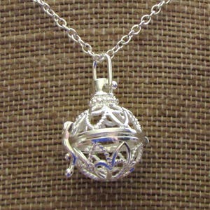 Cage Pendant Necklace, 24x18.5mm Round with Fancy Cutout Design and Safety Latch, Custom Length Silver 2.2mm Cable Chain, Item 1364n