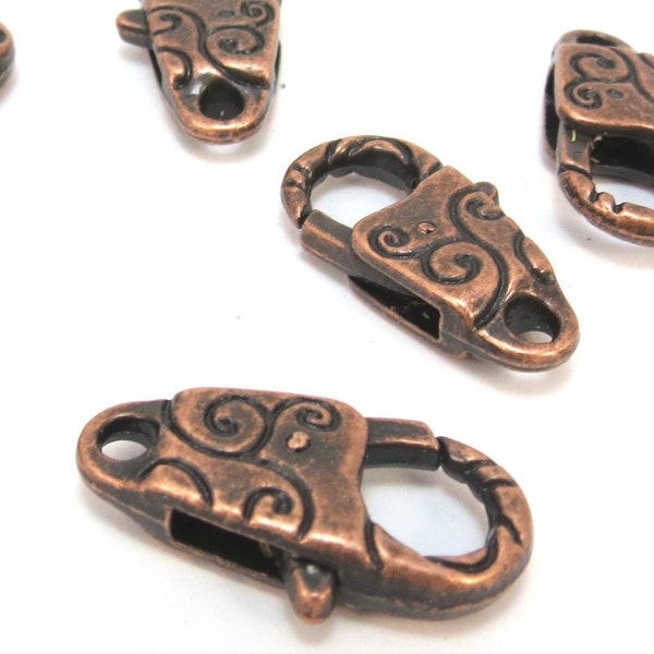 Lobster Claw Clasps, Double-Sided Swirl Design, Six (6) Antiqued Copper Finish Clasps, Jewelry Supplies, Item 757m