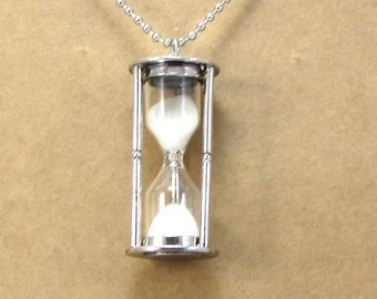 Hourglass Necklace, 51x23mm Miniature Antiqued Silver Hourglass, 2.4mm Stainless Steel Ball Chain, Item 1547n