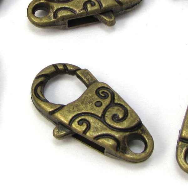 Lobster Claw Clasps, Six (6) Antiqued Brass Double-Sided Swirl Design Clasps, Jewelry Supplies, Beading Supplies, Item 2150m