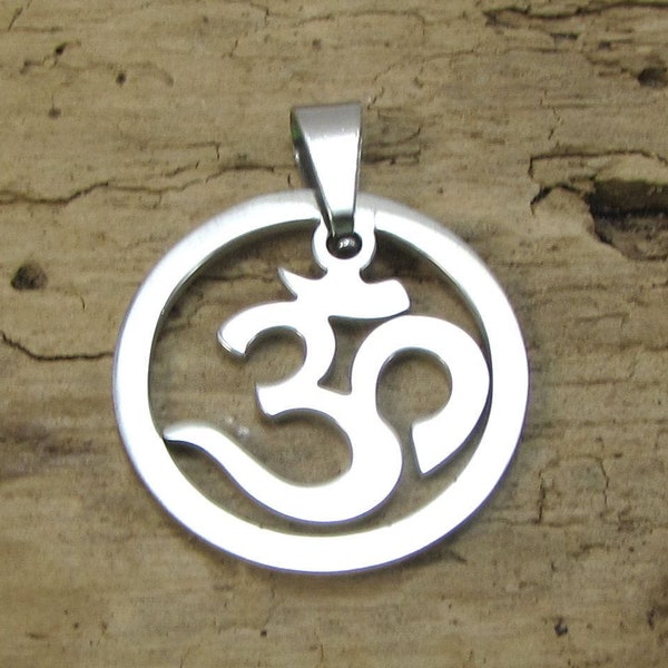 Om Pendant, 19mm Stainless Steel Matte and Shiny Round Om Pendant, Jewelry Supplies, Item 249p