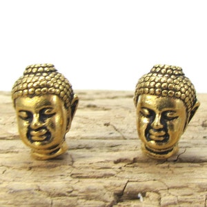 Buddha Head Beads, Two (2) Antique Gold Buddha Beads, 13.5x9.5mm Buddha Head Beads, Jewelry Supplies, Made in the USA, Item 1404m
