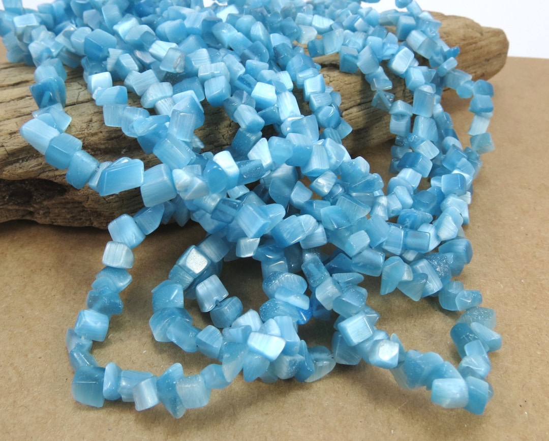Cat's Eye Glass Beads, Two 2 32 Inch Strands, Sky Blue Glass Chips, Beading Supplies, Item 883gs