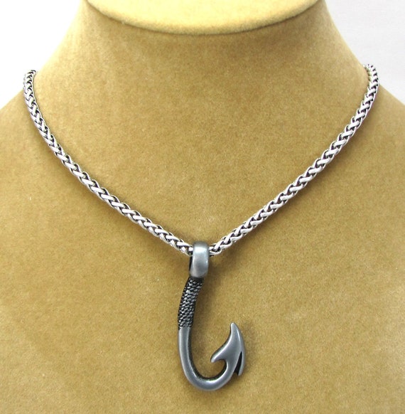 Fish Hook Necklace, 44x18mm Double Sided Hook Pendant, Custom Length 3.2mm Antique Silver Ponytail Chain Necklace, Item 2292n
