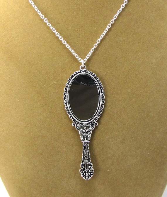 Mirror Necklace, 70x26mm Antique Silver Hand Mirror Pendant, 2.2mm