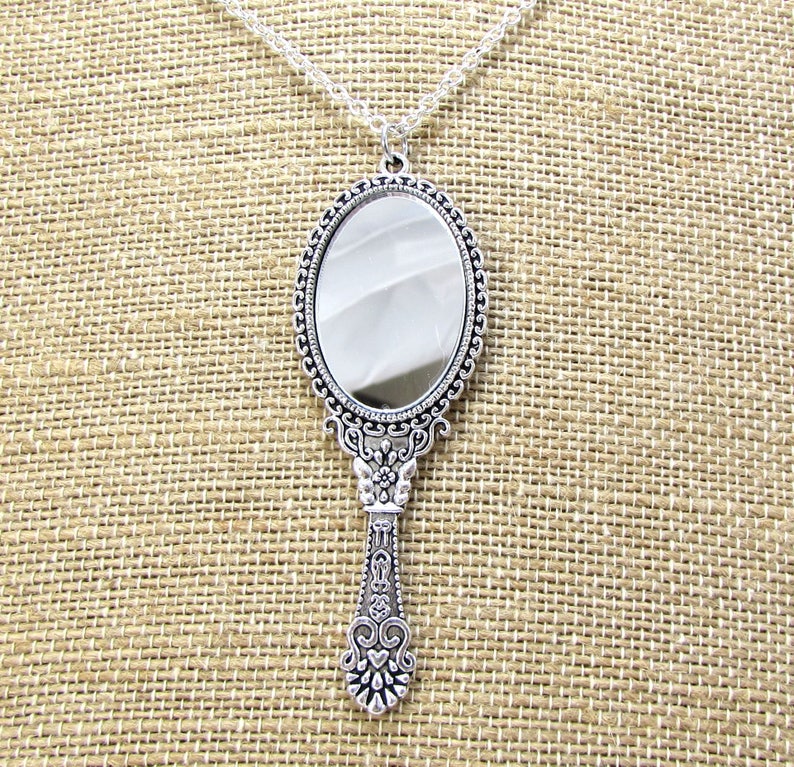Mirror Necklace 70x26mm Antique Silver Hand Mirror Necklace Etsy