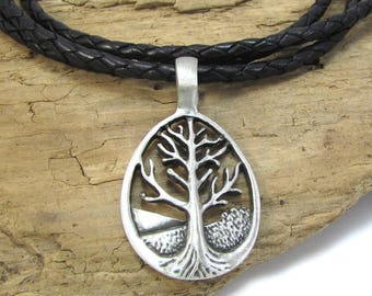 Tree of Life Necklace, 40x24mm Tree Pendant, 3mm Custom Length & Color Braided Leather Cord Necklace, Item 1621n