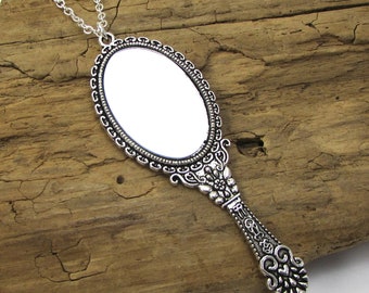 Mirror Necklace, 70x26mm Antique Silver Hand Mirror Necklace, Miniature Hand Mirror Pendant, Silver  2.2mm Cable Chain, Item 1358m