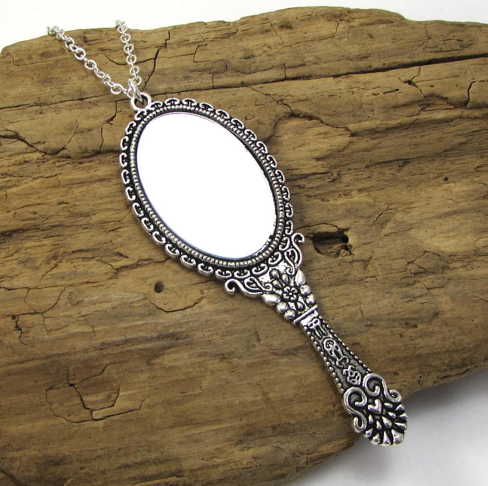 Mirror Necklace, 70x26mm Antique Silver Hand Mirror Pendant, 2.2mm