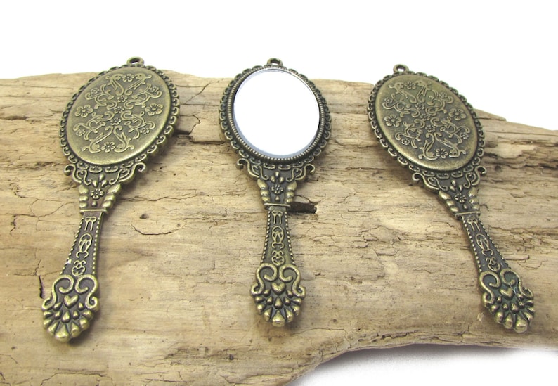 Mirror Pendant Necklace Pendant Hand Mirror Pendant 70x26mm Antiqued Brass Miniature Hand Mirror Pendant Item 1082m