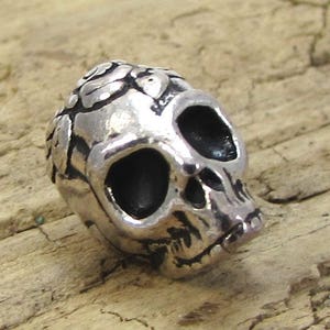 Skull Beads, Antique Silver 10x8mm Skull Beads with Rose & Leaf Design, Two (2) Skull Beads, Jewelry Supplies, Made in the USA, Item 1394m