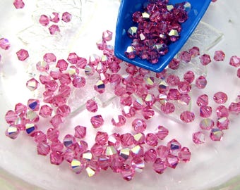 Biconos de cristal Swarovski de 4 mm, 24 cuentas rosa con acabado Aurora Boreal, artículo 198B