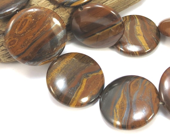 Tiger Iron Beads, Two (2) Natural 30mm Flat Round Beads, Item 886gss