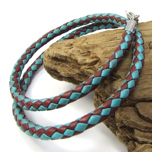 5mm Turquoise/Brown Braided Leather Necklace, 5mm Custom Length & Color Braided Leather Necklace, Item 2394n