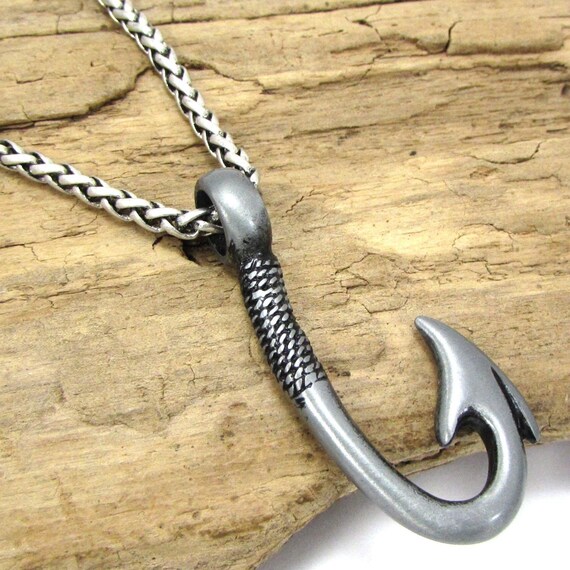 double fishing hook jewlery Fish Hook Necklace, 44x18mm Double Sided Hook Pendant, Custom Length 3.2mm  Antique Silver Ponytail Chain, Item 2292n