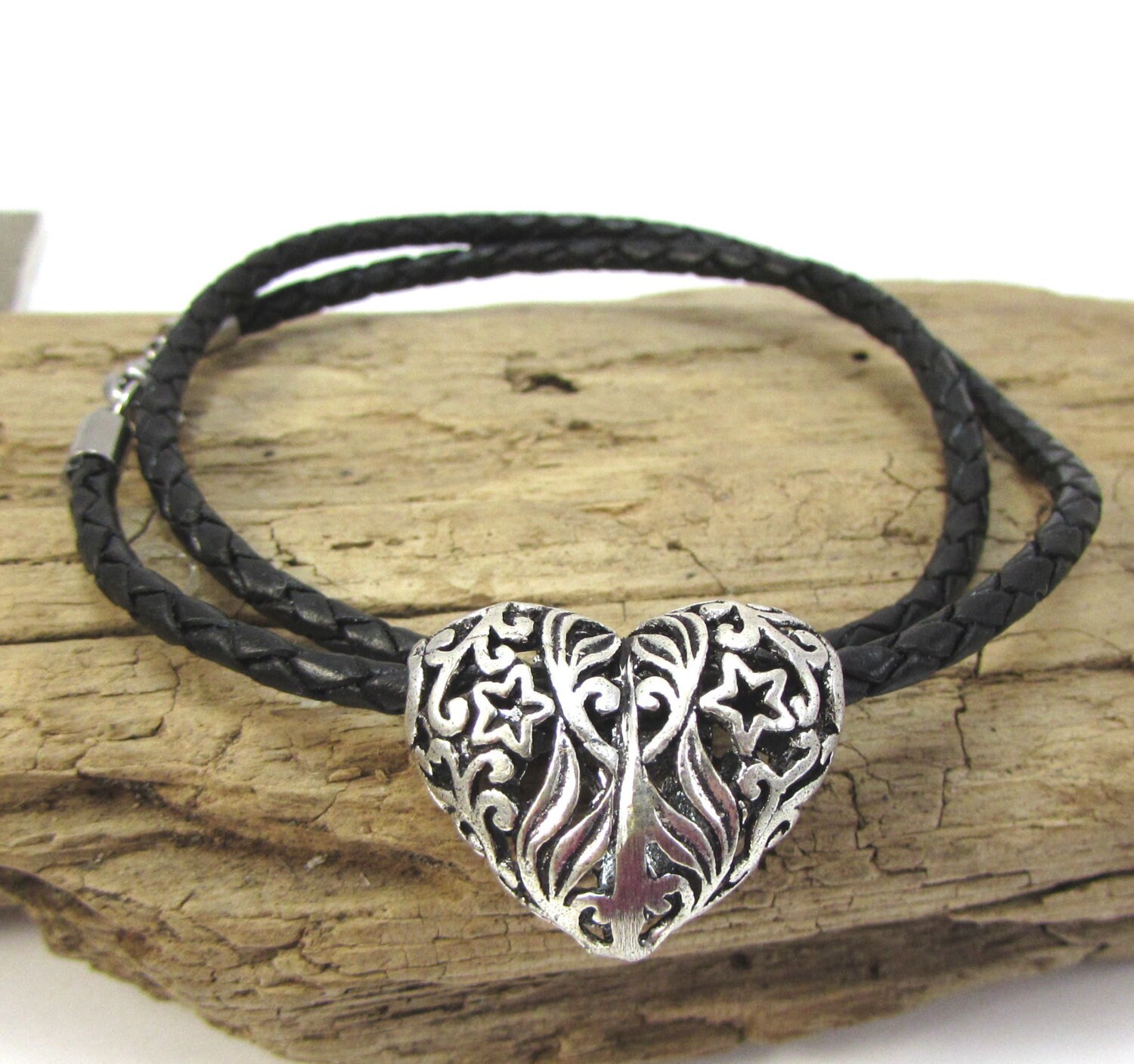 Heart Necklace, 3mm Braided Leather Necklace, 26x21mm Fancy