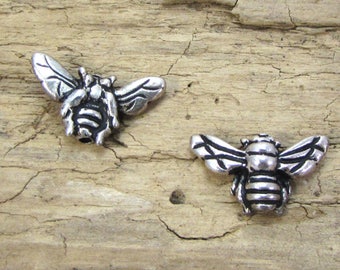 Honeybee Beads, Two (2) Antique Silver Bee Beads, Honeybee Beads, Jewelry Supplies, Made in the USA, Item 1391m