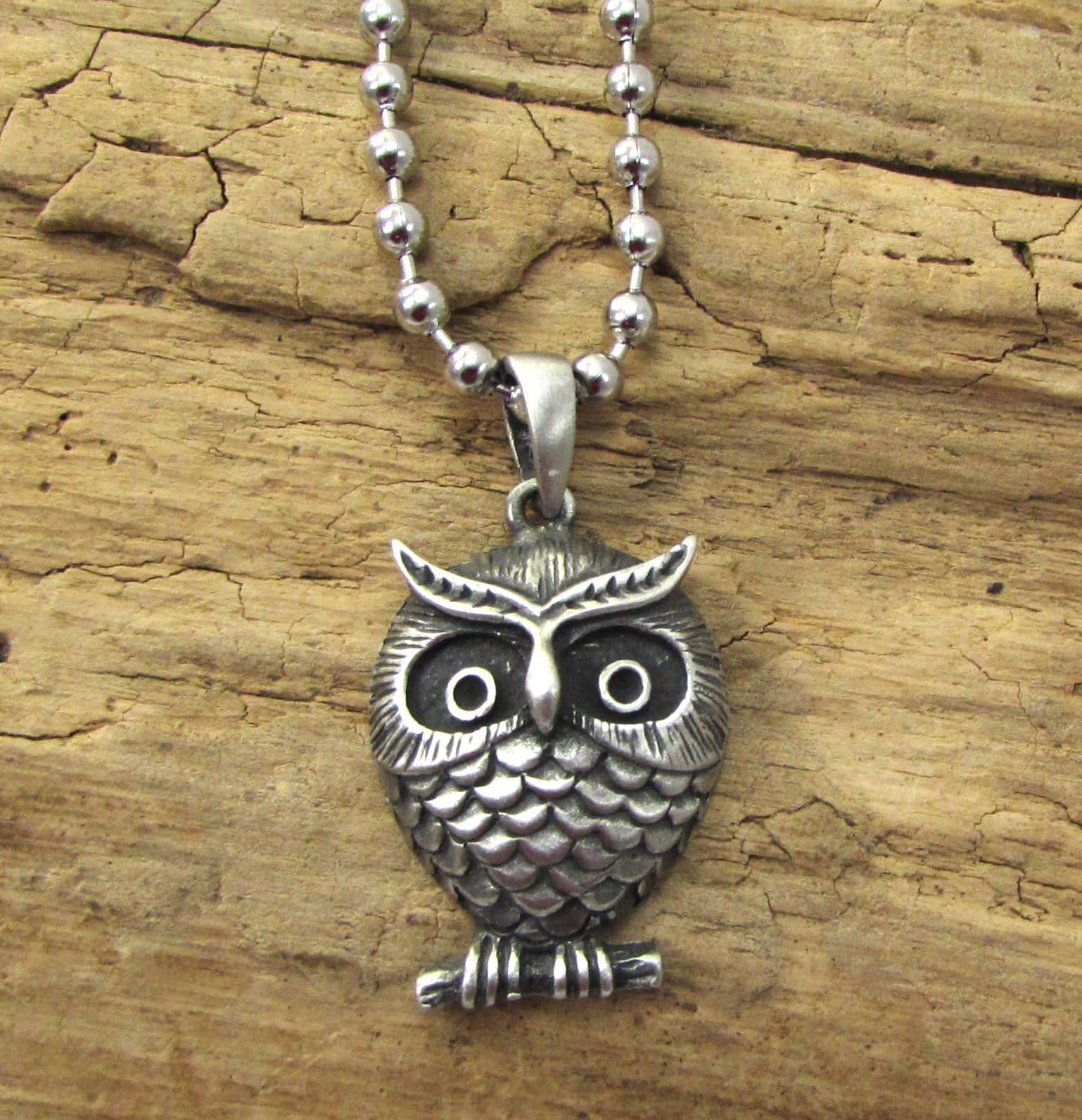 Owl Pendant Necklace, 32x31mm Owl Pendant, Custom Length 3.2mm Stainless Steel Ball Chain Necklace, 