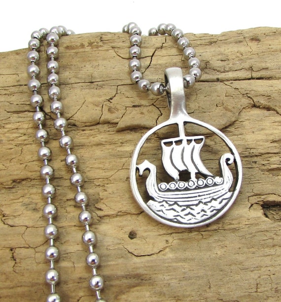 Ship Necklace, 35.5x24mm Viking Ship Pendant, Custom Length 3.2mm Stainless Steel Ball Chain Necklace, Item 1749n