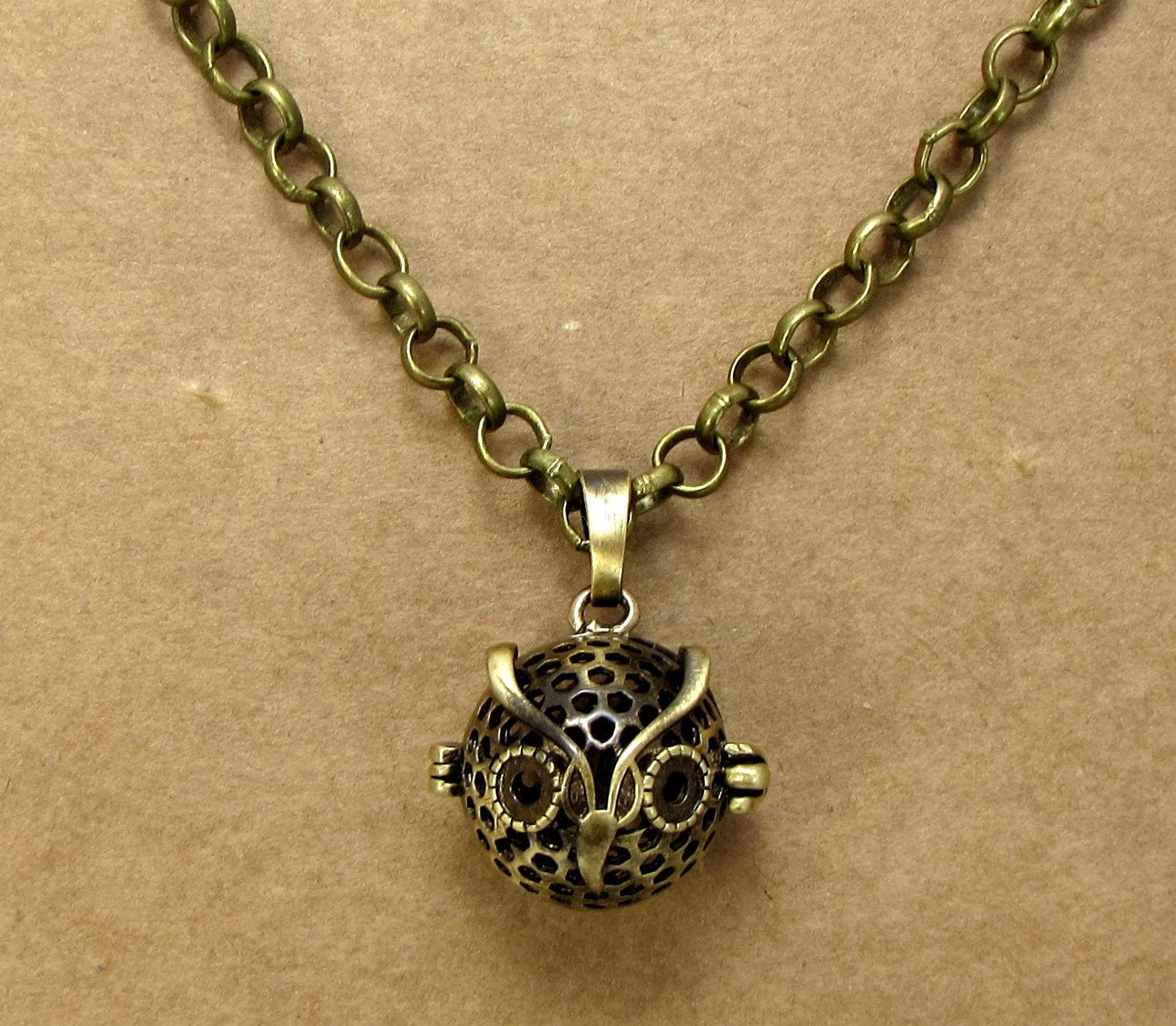 Owl Cage Necklace, 18x17mm Owl Pendant, Custom Length 5mm Antique Brass Rolo Chain, Item 1378
