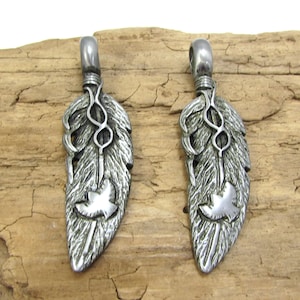 Feather Pendant, 56x16mm Feather with Eagle Double Sided Pendant, Jewelry Supplies, Item 186p