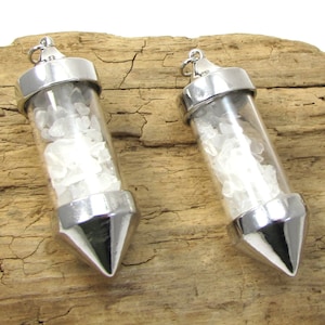 Quartz Crystal Vial Pendant, 53x18mm Pendulum Shape Glass Vial, Jewelry Supplies, Necklace Pendant, Item 422p