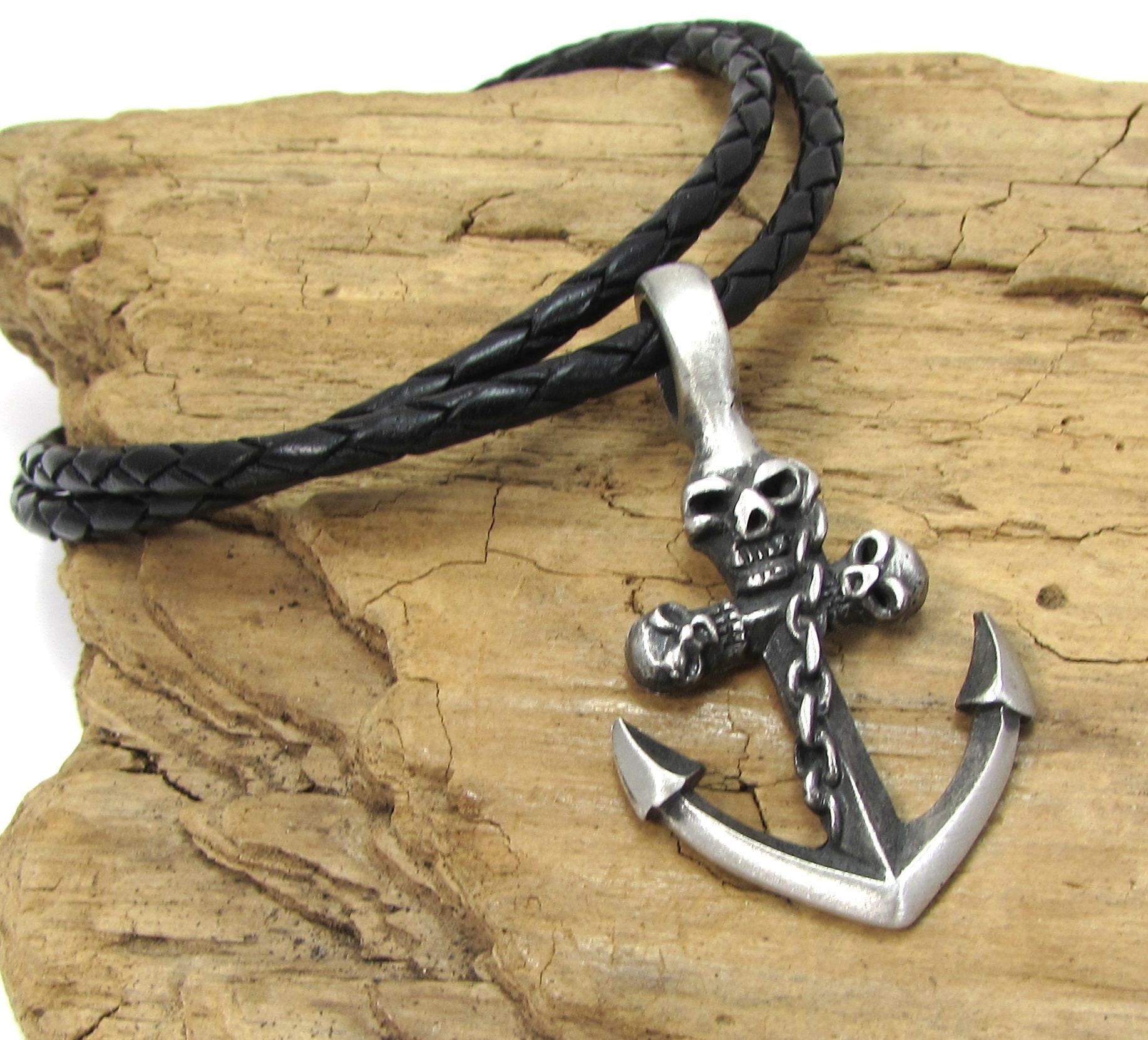 Silver Boat Anchor Symbol Pendant 3mm Braided White Leather Cord Necklace 
