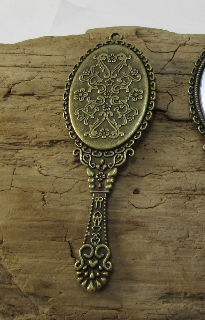 Mirror Pendant Necklace Pendant Hand Mirror Pendant 70x26mm Antiqued Brass Miniature Hand Mirror Pendant Item 1082m