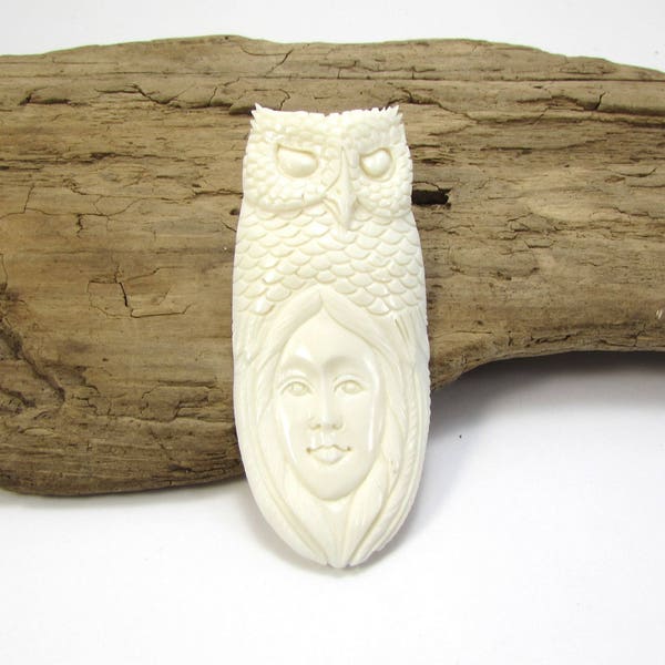 Owl Pendant, 54x29mm Carved Bone Spirit Owl Pendant, Hand Carved Spirit Owl Pendant, Item 1405p