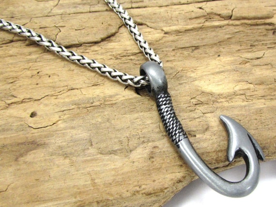 Fish Hook Necklace, 44x18mm Double Sided Hook Pendant, Custom Length 3.2mm  Antique Silver Ponytail Chain Necklace, Item 2292n 