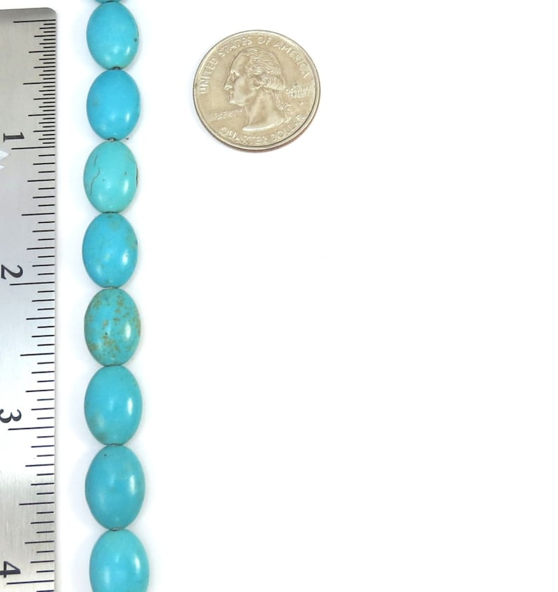 May include: A strand of oval turquoise beads, approximately 1 inch in length, next to a US quarter for size comparison.