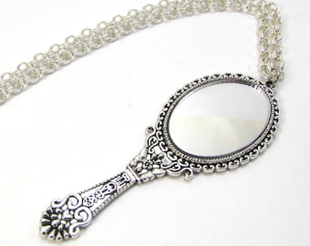 Hand Mirror Necklace, 70x26mm Antique Silver Real Mirror Pendant, Custom Length Silver 4mm Rolo Chain, Item 1357n