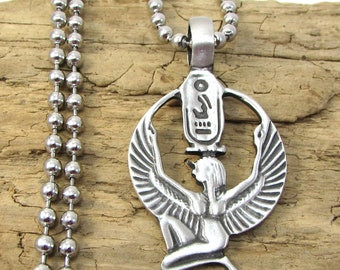 May include: Silver necklace with a pendant featuring a winged goddess figure holding a staff with hieroglyphics. The pendant is circular and has a detailed design.