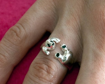 Verstellbarer Sterling Silber Panda Ring mit Schwarzer Emaille